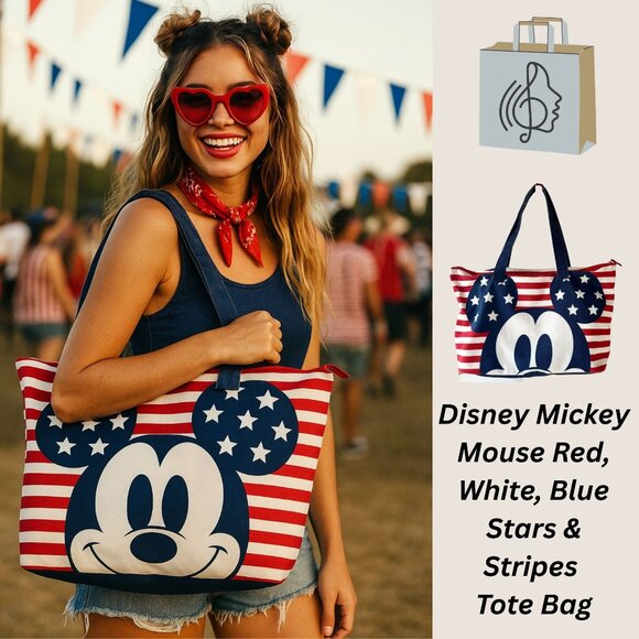 Disney Mickey Mouse Red White Blue Stars Stripes Tote Bag Patriotic Canvas Zip - Picture 2 of 12